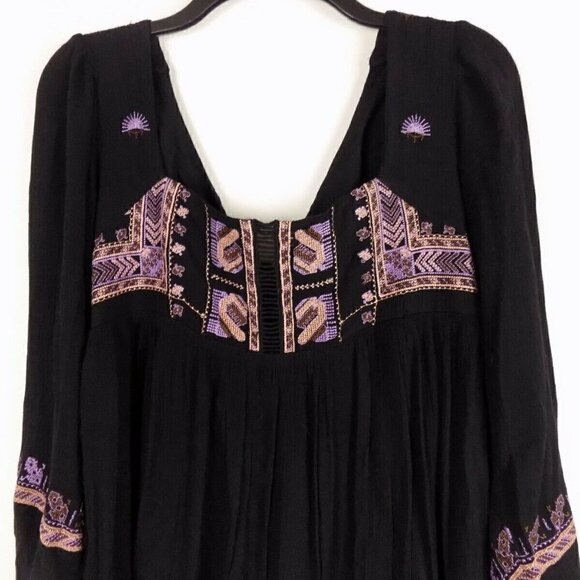 Free People Boho Black Mini Tunic Dress Size XS Rhiannon Embroidery Long Sleeve - Picture 4 of 5